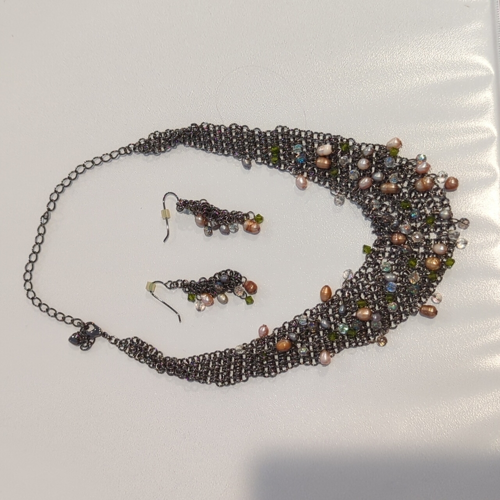 Pearl rhinestone statement collar necklace matching earrings